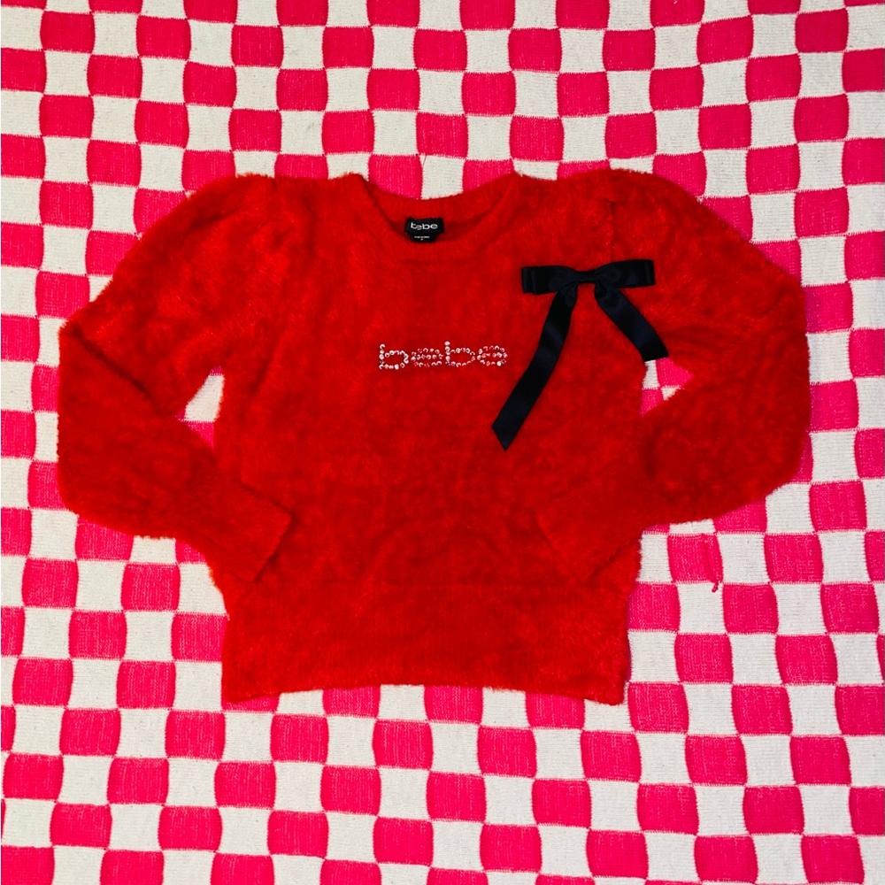 Vintage Y2K Rhinestone Logo 2000s Red Fuzzy Bebe Long Sleeve Cherry Red Sweater